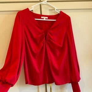 Red V-Neck Puff Sleeve Blouse
